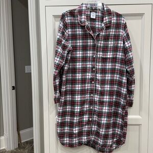 Lands’ End Womens Flannel Night Shirt Gown Size Large Red Plaid Holiday winter